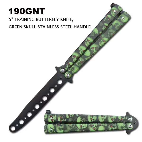 190GNT GREEN SKULLS 5" TRAINER BUTTERFLY KNIFE