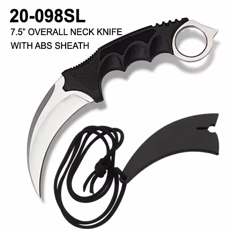 20-098SL 7.5″ Overall SILVER BLADE KARAMBIT NECK KNIFE W/ABS SHEATH