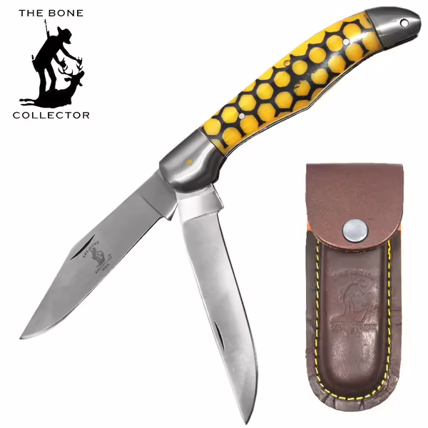 BC 816-BY 5" Yellow Honeycomb Bone Collector 2 Blade Resin Handle Folding Knife