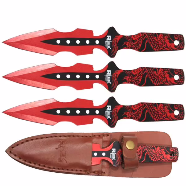 TK 090-LP38D 8" RED DRAGON PRINT THROWING KNIFE SET