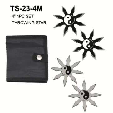 TS-23-4M 4″ 4PC SET BLACK/SILVER YING YANG THROWING STAR