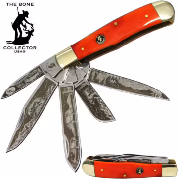 BC 5249-OSM 4" 5 Blade Etched Orange Bovine Bone Collector Pocket Knife