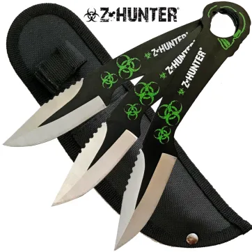 Z‑Hunter 3 Pc Karambit Ring Biohazard Throwing Knives – Green Biohazard Double‑Edged Stainless Steel Set with Nylon Sheath