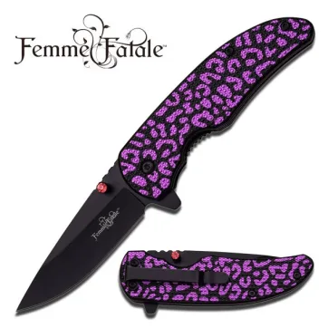 Purple leopard print folding knife