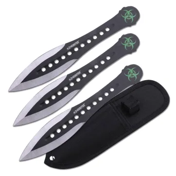 Z Hunter Throwing Knife Set – Green Biohazard Double‑Edged 3‑Piece Carry Sheath