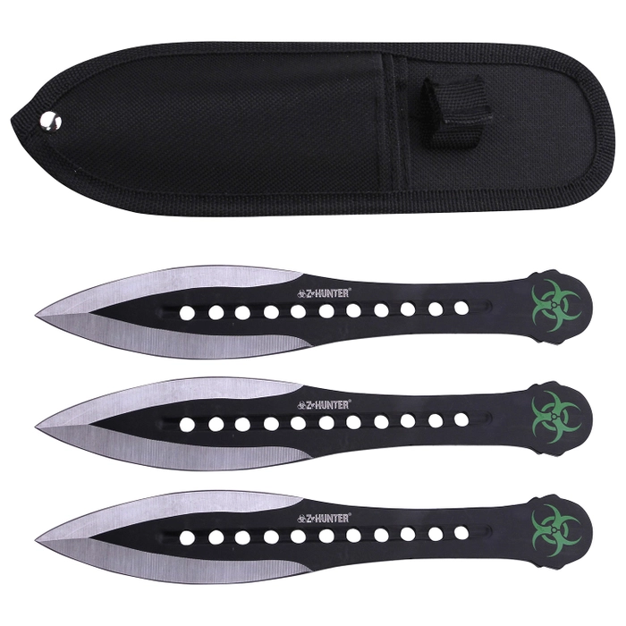 Z Hunter Throwing Knife Set – Green Biohazard Double‑Edged 3‑Piece Carry Sheath - Image 2