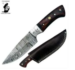 Explore our premium Damascus hunting knife – expertly crafted with full tang construction, burn bone handle, and razor-sharp patterned steel. Perfect for hunting, camping, and survival.